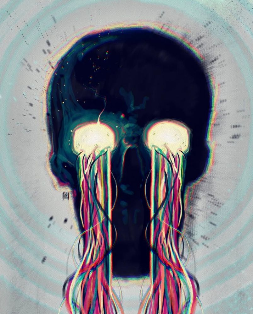 Skull with wires streaming down like tears