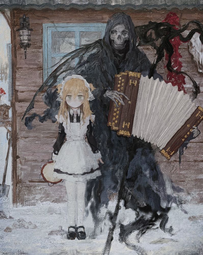 Death plays an accordion standing next to a young, blonde girl playing a tambourine 