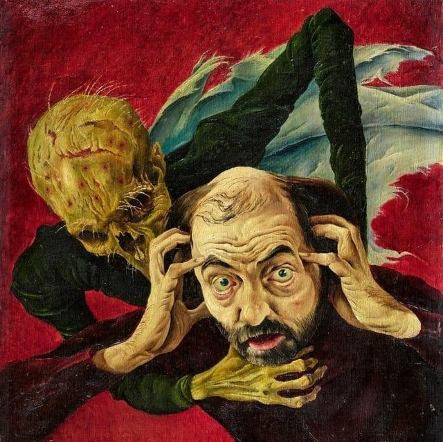 Balding man loses it while grabbing the sides of his head in madness, death skully hangs on his back