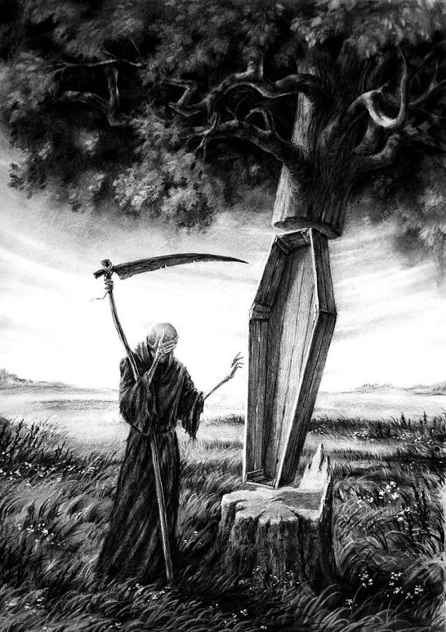 Dismayed reaper with scythe grieves a tree that's had a coffin carved out of it 