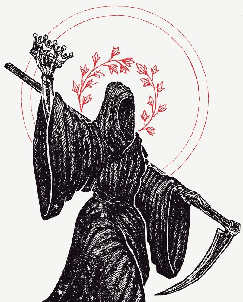 Reaper holding a scythe and raising a royal crown. 👑
