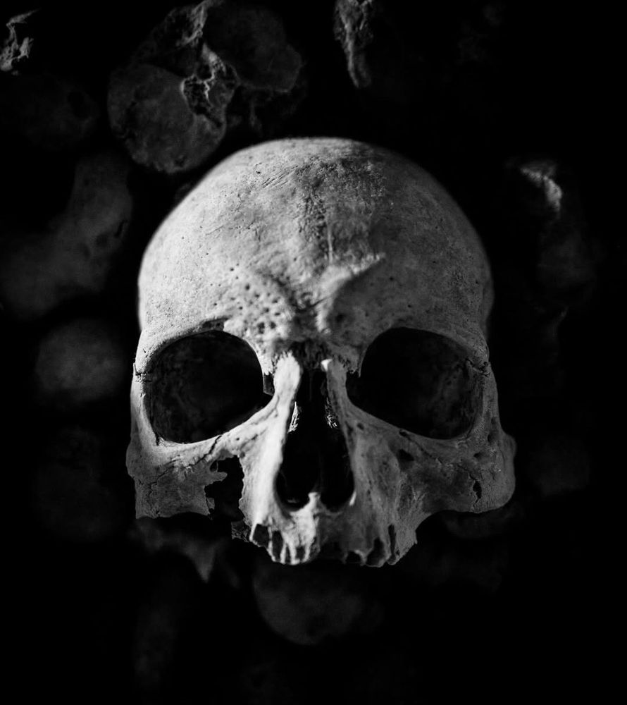 Human skull, black background 