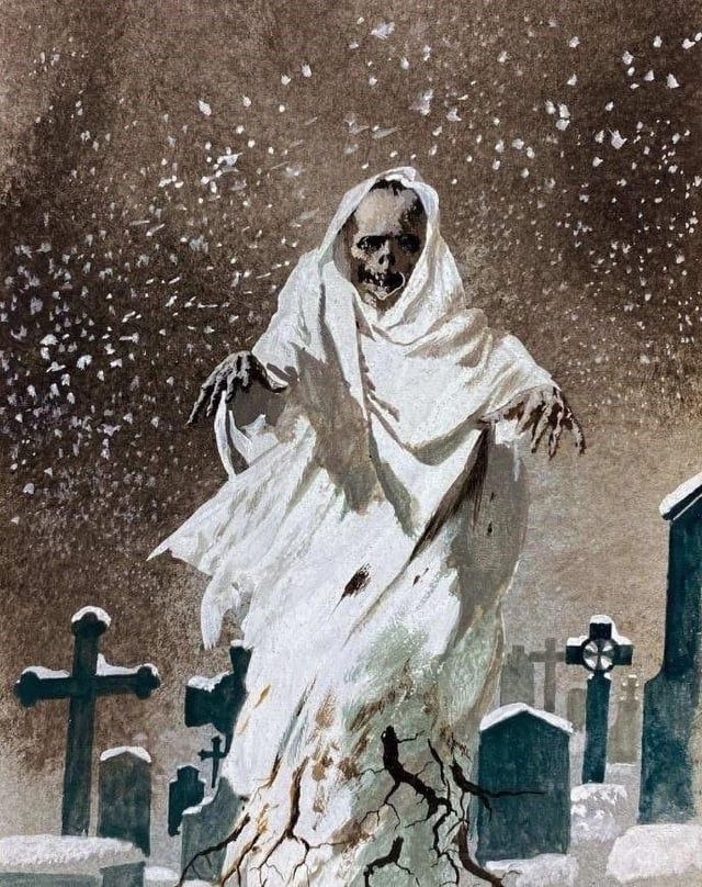 Corpse in a white cloak rises from cemetery grounds