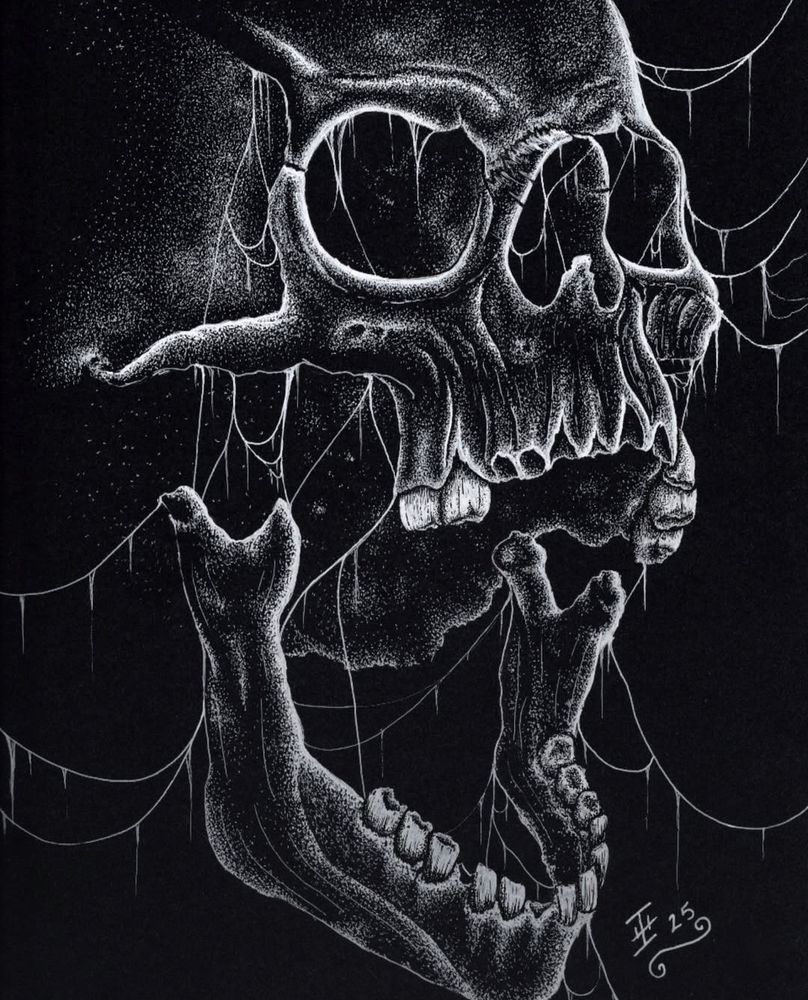 Large skull screams into the void in black & white