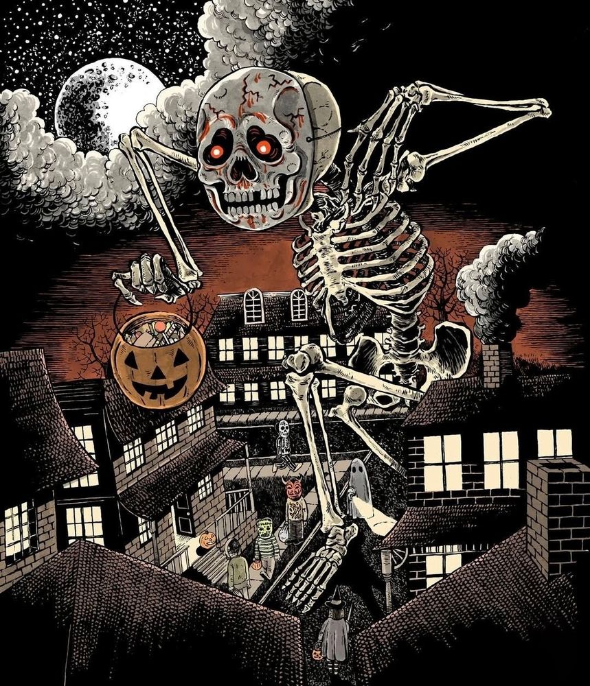 Trick-or-treaters see a giant skully roaming the streets in Halloween 