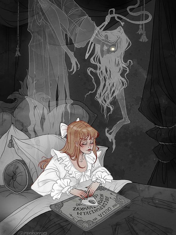Female noosed ghost hovers over a girl using a ouija board in bed
