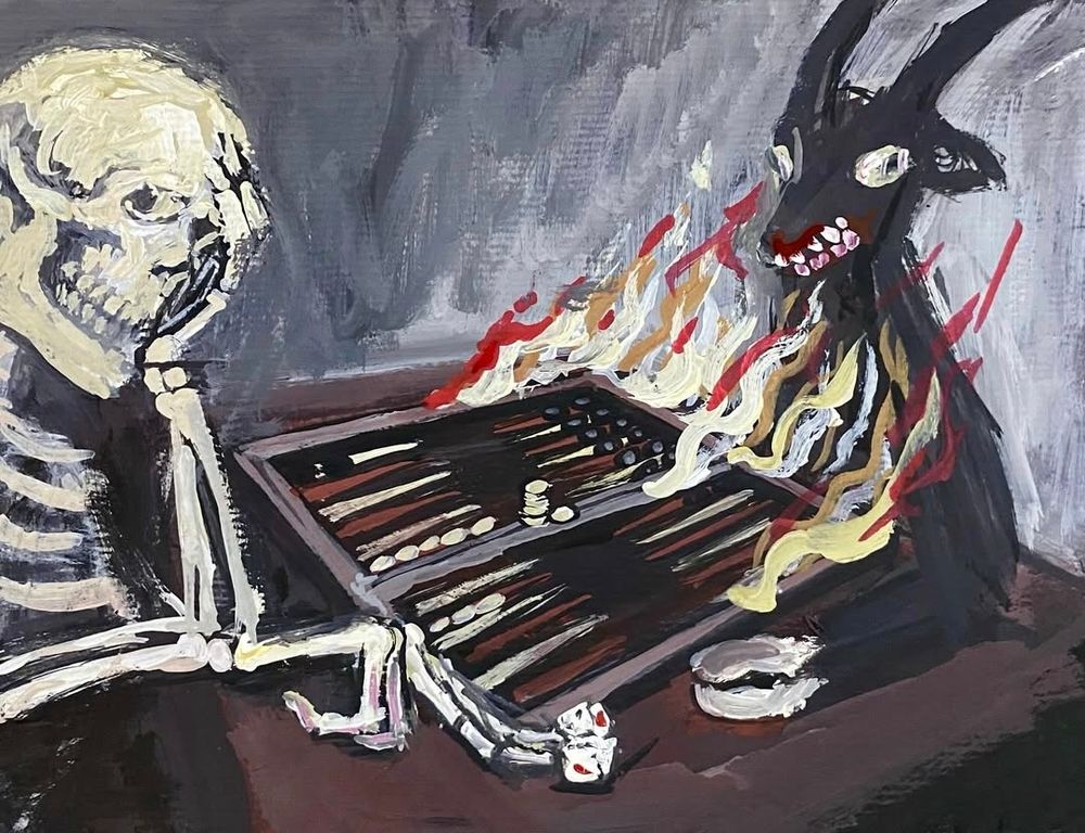 Skully and goat play backgammon with flames scorching 