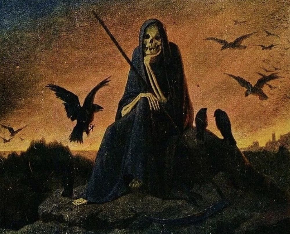 Weary death skully takes a break while crows fly overhead 