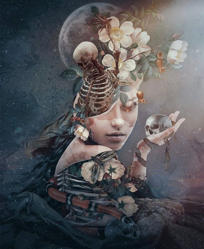 Woman with skeleton in her head and a skull in hand