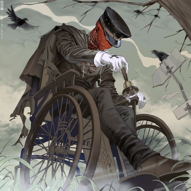 Death Knell character rings a bell while sitting in a chair wheelchair 