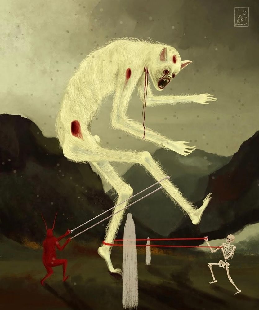 Large, white vampire gets its legs roped by a devil and a skully