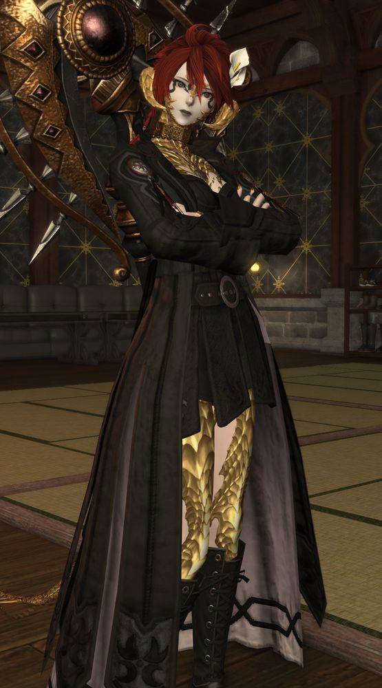 my ffxiv character with a black jacket and boots showing off her golden scales