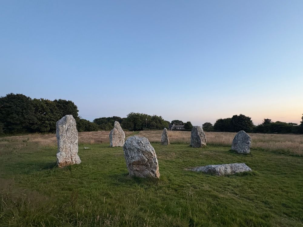 Six white standing stones and one recumbent stone stand in a rough circle like shape on a small patch of mown grass. Behind the grass grows long letting yarrow, knapweed and thistles feed the insect population. You can just about make out the lines crisscrossing the longer grass, under a cloudless blue sky as a soft orange glow bruises the horizon at sunset