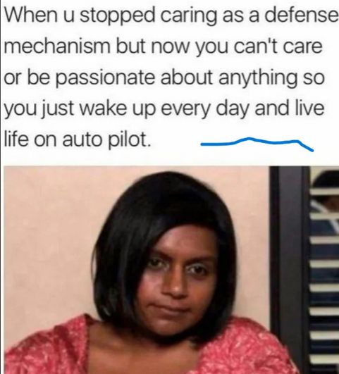 a picture of a rather dour-faced woman with the caption "when you stopped caring as a defense mechanism, but now you can't care or be passionate about anything, so you just wake up and live every day on autopilot"