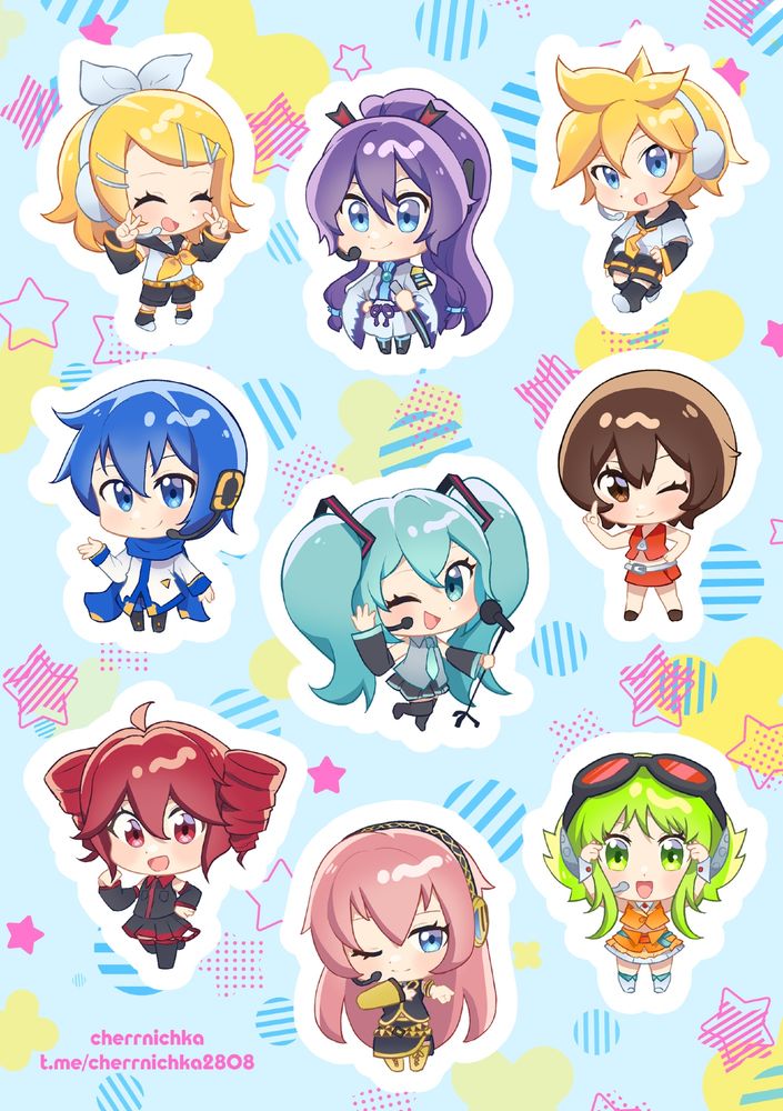 9 vocaloid chibi characters in bright colors: rin, gakupo, len, kaito, miku, meiko, teto, luka, gumi