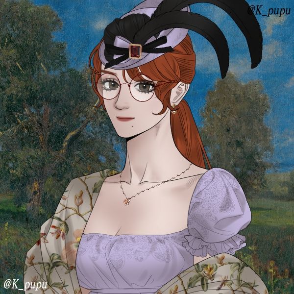 A imagem é uma ilustração de uma mulher em estilo que remete ao século XIX, com uma pintura que se assemelha à de um quadro clássico como plano de fundo.
A mulher, de pele clara, tem cabelos ruivos longos presos em um rabo de cavalo baixo, com algumas mechas soltas emoldurando seu rosto. Ela usa um chapéu roxo e preto com plumas escuras e um broche vermelho. Os olhos são grandes e castanhos, e ela tem óculos redondos de aros finos. Uma pequena pinta é visível no lado esquerdo do seu queixo.
Ela veste um vestido lilás com um decote quadrado e mangas bufantes. Por cima dos ombros, um xale com estampa de folhagens e flores. No pescoço, ela usa um colar fino de corrente com um pequeno pingente de flor laranja.
O fundo da imagem parece ser a pintura de uma paisagem com árvores, arbustos e um céu azul com nuvens. Há duas assinaturas no canto inferior esquerdo e no canto superior direito: "@K_pupu".
