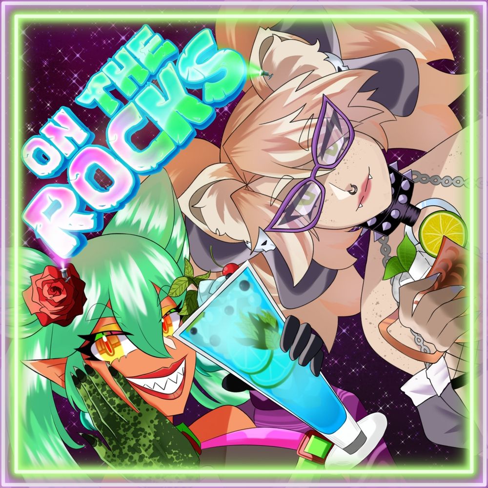 Coaster art of Kira P Raptor Girl with KB pooka woman. The "On the Rocks" logo is in the top left corner, and they are both holding cocktails.