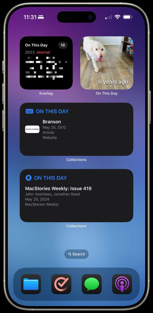 A framed screenshot of an iPhone Home Screen with a purple-blue gradient background and four widgets: Everlog (with a blurred snippet of a journal entry from May 25, 2023, and the number 10), Photos On This Day (featuring a photo of a smiling white dog with the caption “6 Years Ago”), and two from Collections (one showing a blog post entitled “Branson” from May 25, 2012, and another showing MacStories Weekly from May 25, 2024).