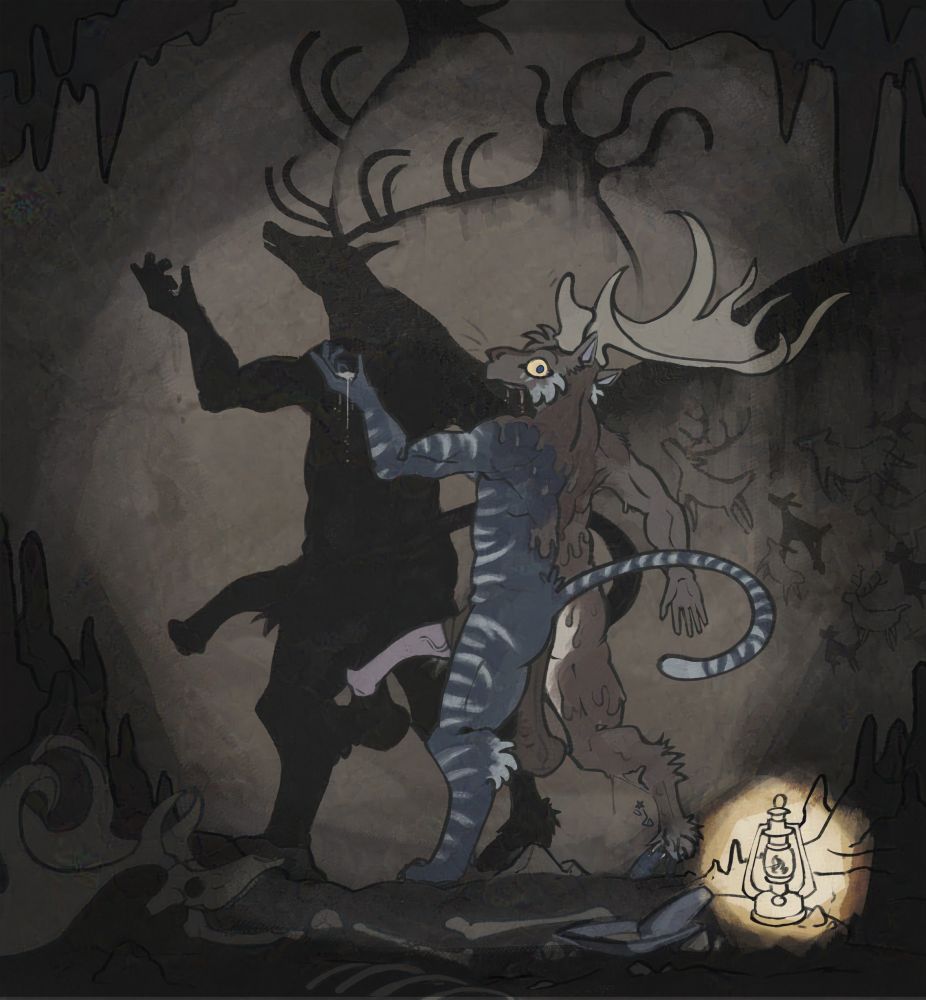 A digital NSFW painting of @polymorphtiger.bsky.social ‘s shapeshifter tiger OC Ty. We find the tiger inside of a cavern, his back turned on us, standing up in front of a wall covered in cave paintings of small cervids running under the gigantic shadow of a megaloceros head depiction. At his feet, a lantern illuminates several bone remains on the ground, all seemingly belonging to a long-extinct megaloceros specimen. And right next to the lantern, the light reveals a recently used bowl and mortar, filled with crushed bone powder. Looking back up to Ty, the scene becomes clear : the shapeshifter has come into contact with DNA from the megaloceros, and, through his transformative powers, has become to change into a majestic elk. His head and right side are completely transformed, covered in brown fur, creeping like goo over the rest of his body. The top of his head is already adorned with one of the characteristically immense elk antlers, the second one on its way to growing.  The feline also already sports visible sexual changes, his ballsack hanging terribly low between his legs, while his newly flared pink cock emerges from behind him, almost as long as his arm. As he looks back towards the viewer, his shadow is cast shaprly on the wall by the bright light of the lantern, and melts into the cave painting on the wall, letting him truly embody the shape, mind, and history of the creature he sought to become.