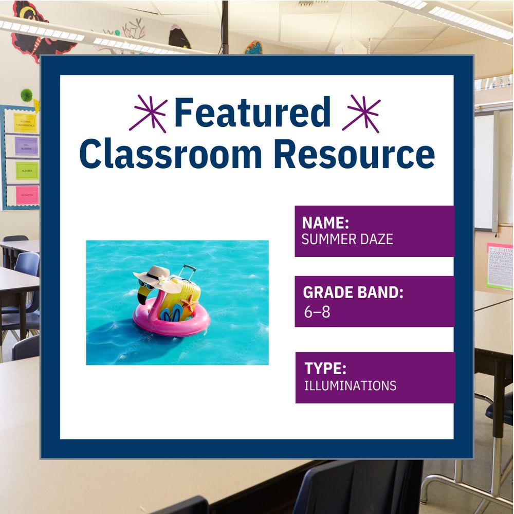 A colorful inflatable flamingo float in a pool holding a sunhat, suitcase, and flip-flops, representing the 'Summer Daze' classroom resource for grades 6-8. Illuminations resource. 