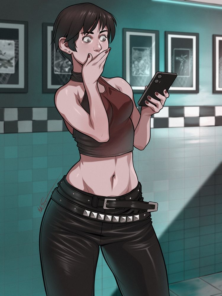 Fan art of Rebecca Chambers from the videogame Resident Evil. She's looking at her phone and is shocked by what she sees. She's standing in a diner and wearing her cute leather outfit.