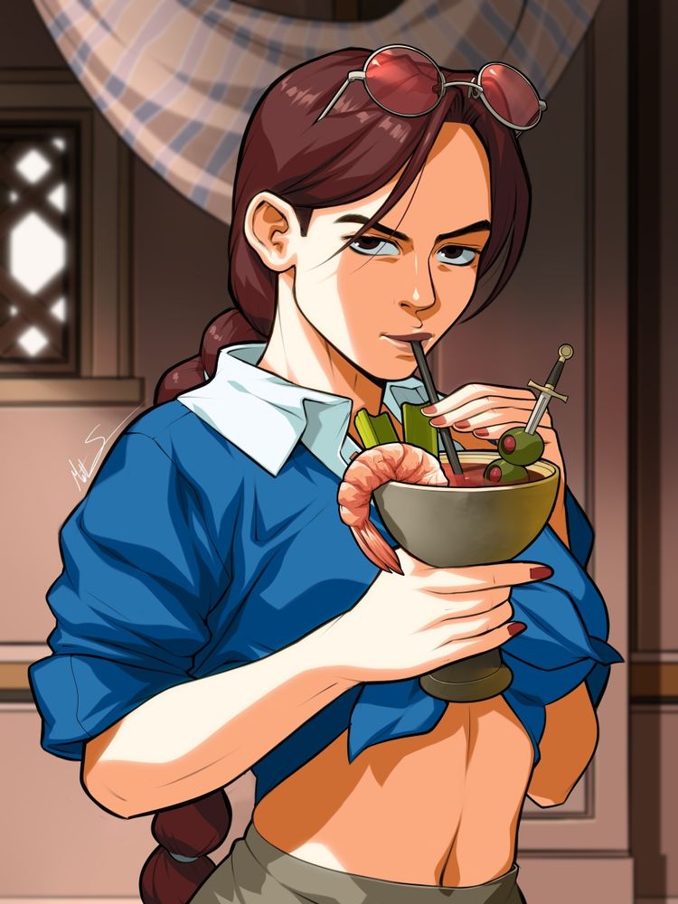 Fan art of Lara Croft from the video game Tomb Raider. She's drinking a Dirty Mary cocktail out of the Holy Grail, which is drawn based on its depiction in "Indiana Jones and the Last Crusade". The cocktail is garnished with a shrimp, two pieces of celery, and two olives. The olives are being pierced by a small sword resembling King Arthur's sword Excalibur from the movie "Excalibur". 