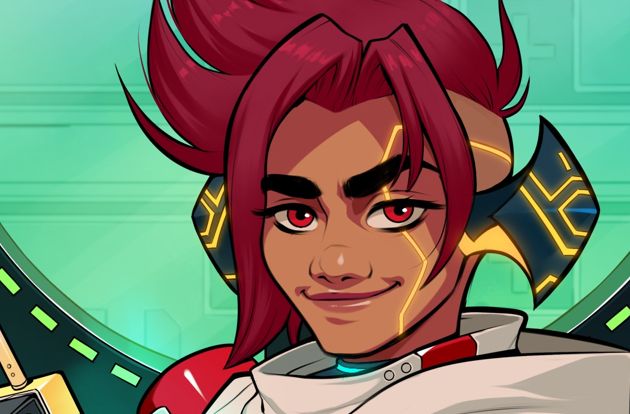 Art of a cyberpunk character. She's smiling and has spikey red hair.