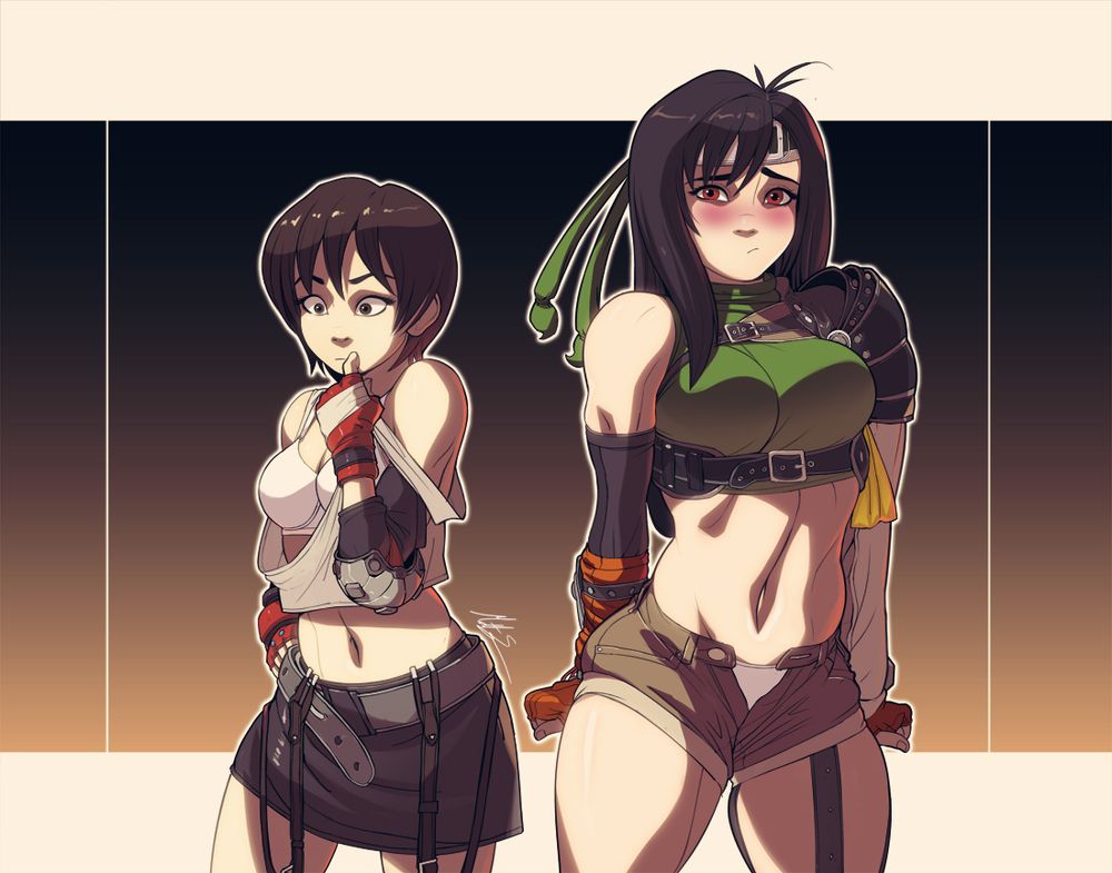 Yuffie and Tifa wearing each other's outfits. Tifa's outfit is too loose for Yuffie, and Yuffie's outfit is too tight on Tifa. Both characters look uncomfortable!