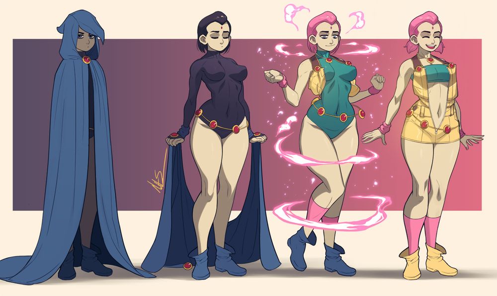 A series of four pictures of Raven. The first one she is in her robe. The second picture she is removing her robe. The third picture is her starting to change into her Pink Emotion Clone. The final picture is her fully transformed into her Pink Emotion Clone.