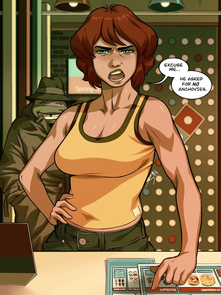 Fan art of April O'Neil and Donatello from Teenage Mutant Ninja Turtles. They're standing in a Domino's Pizza restaurant. April is at the counter saying, 
