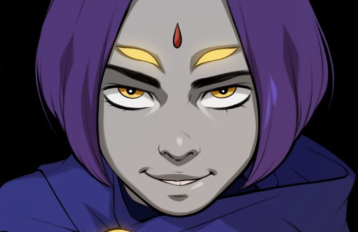 Fan art of Raven from DC Comics. She has a very creepy expression on her face, and her two demonic eyes are appearing on her forehead and glowing yellow. 