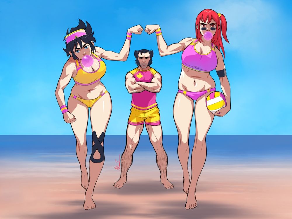 Fan art of Jubilee, Wolverine, and Honoka on the beach. They're wearing matching pink and yellow outfits. Honoka is holding a volleyball. Jubilee and Honoka are fist bumping and Wolverine is standing behind them with his arms crossed. 