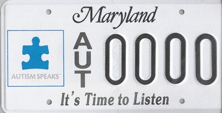 A sample Maryland license plate numbered AUT0000 featuring an Autism Speaks decal. The bottom of the plate reads "It's Time to Listen."