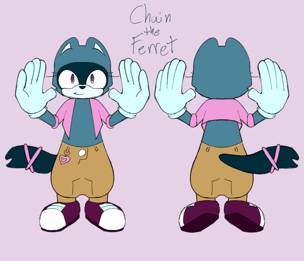 Ref sheet for my Sonic OC Chain the Ferret, a teal ferret with a pink jacket, brown dropped-crotch pants, dark pink sneakers and pink bands on her tail.