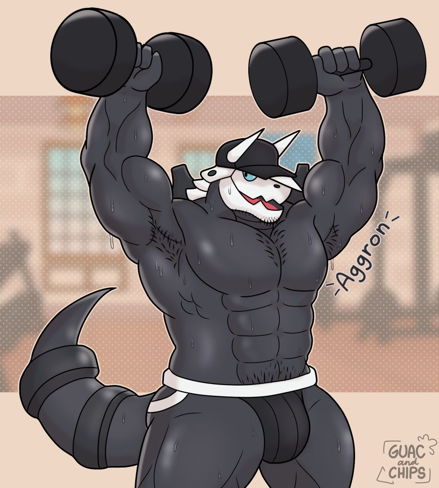 buff pokemon Aggron lifting weights and sweating, with only his jock and cap on 