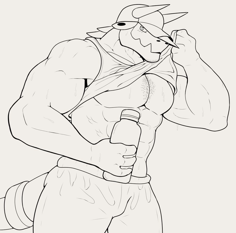 buff Aggron using his shirt to wipe sweat off, showing off abs in line art form 
