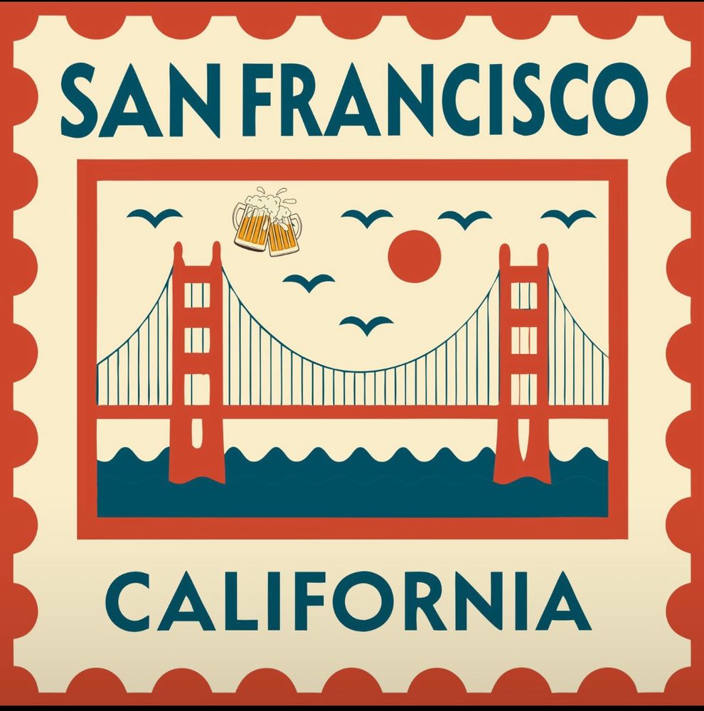 Postage stamp style image of Golden Gate Bridge with San Francisco California text 