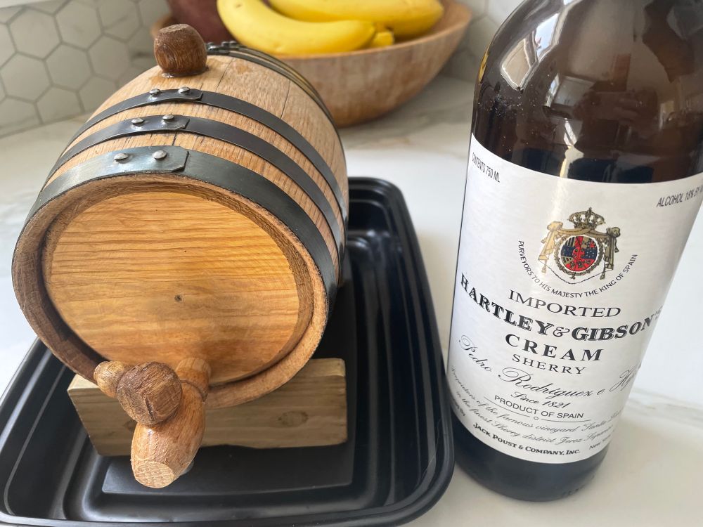 Photo of oak barrel which now holds the full contents of the cream sherry bottle.