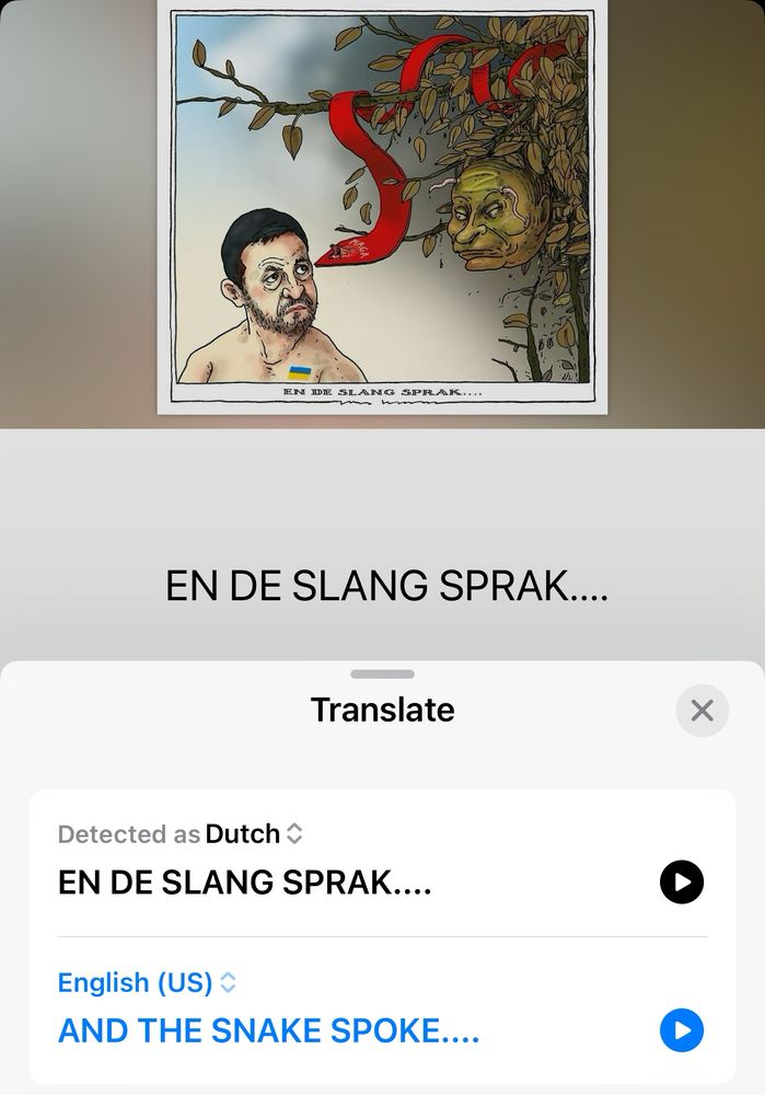 Screenshot of a cartoon with a Dutch caption. Below the cartoon is a translation English which says “and the snake spoke”
