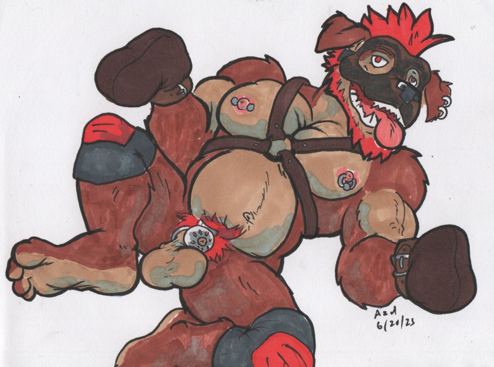Punk dog person of a sorrt in pup mitts, a chastity cage,  harness and mask.  