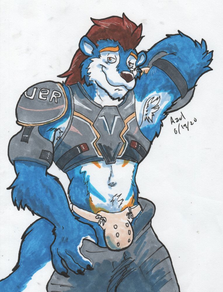 A blue otter with a mullet poses seductively in hockey padding
 
