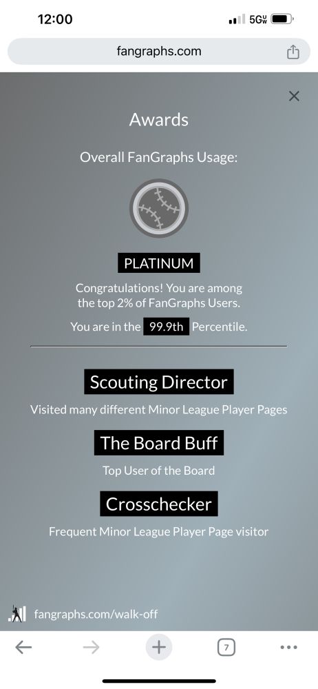 Screenshot of FanGraphs Walk-Off showing I’m a platinum user. 