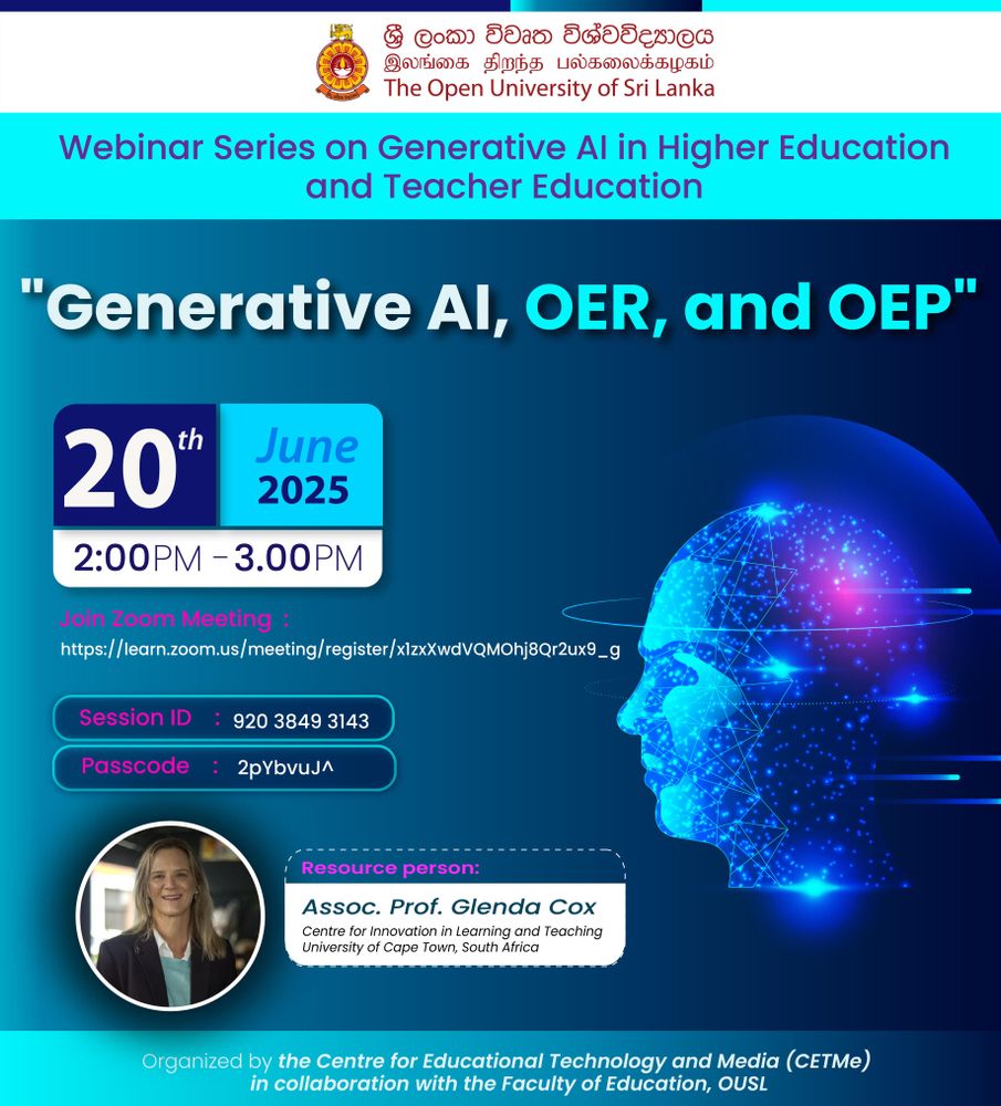 A flyer in blue for a webinar with a woman's head with digitised effects on it.