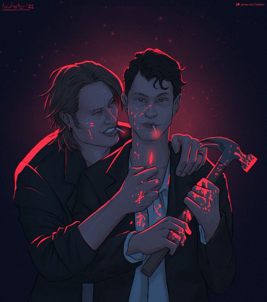 #LouhetArt

Nigel and Adam in the dark coveredi n neon red bloodm Nigel 
is lighting up a cigarette held in Adam's mouth. Adam's holding a bloody hammer.