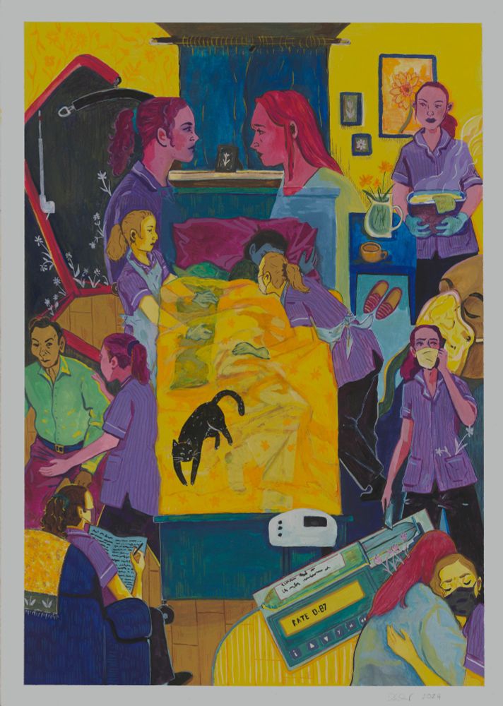 A vibrant, expressive painting depicting hospice care at home. The artwork features multiple healthcare assistants in purple uniforms tending to a patient lying in bed under a golden-yellow blanket. A black cat lies across the bed. The painting conveys warmth and care, with a rich colour palette of deep blues, yellows, and reds. Surrounding the central scene, carers are shown providing comfort, administering medication, documenting notes, and communicating. A sense of movement and emotion is captured in the layered composition, highlighting the essential role of healthcare assistants in end-of-life care.