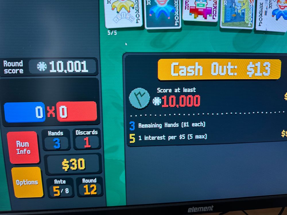 The winning hand of a round in Balatro. The round score was 10,001 and I needed at least 10,000 to complete it. 