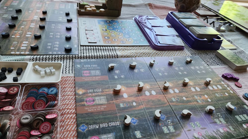 2 player setup of Wingspan with the Duet board set up and nectar-using player boards.