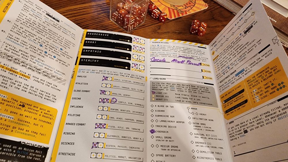 A dry erase character sheet marked up with purple marker. 