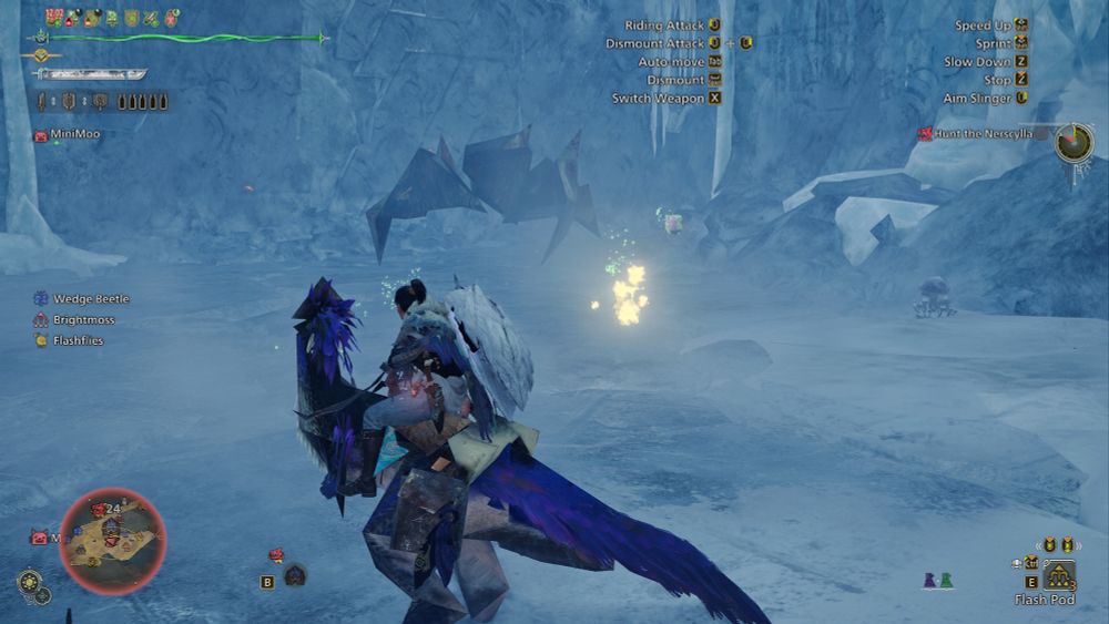 The player sits on the back of their Seikret mount, looking at a Nerscylla. The mount and the monster have only rendered in extremely low poly, akin to 90s PC graphics.