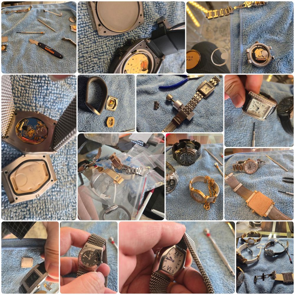 A large dense collage of images of watches in various stages of disassembly with casebacks removed for battery replacement or bracelet links removed for size adjustments.